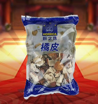 廚之選(HORECA SELECT)橘皮產(chǎn)自浙江臺州500g每袋，本產(chǎn)品精心挑選上等的橘皮等原材料制作而成，品質(zhì)純正天然，讓您食用的放心。本產(chǎn)品采用的是塑料質(zhì)地包裝，簡潔大方，食用簡單，是您廚房的好幫手。本產(chǎn)品加入到菜肴中去可以讓其味道濃郁，口感醇厚鮮香，給您帶來美妙的味覺盛宴。