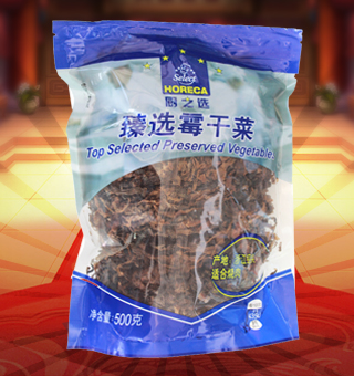 廚之選(HORECA SELECT)臻選霉干菜產(chǎn)自浙江紹興500g每袋，蕭山霉干菜是浙江省紹興市夾灶鄉(xiāng)的漢族傳統(tǒng)名菜。夾灶原屬紹興縣，故歷來以“紹興霉干菜”為名。此產(chǎn)品由大葉芥加工而成，色澤烏黑，香氣濃郁，味美質(zhì)嫩，久貯不變，是一種常年食用的大眾化食品州，霉干菜一般用芥菜、尚未抽苔的白菜和油菜等腌制后曬干制成。