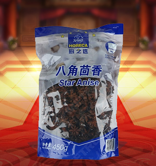 廚之選(HORECA SELECT)八角茴香產(chǎn)自廣西玉林450g每袋，本產(chǎn)品精心挑選上等的食用鹽、八角茴香原材料制作而成，品質(zhì)純正天然，讓您食用的放心。本產(chǎn)品采用的是塑料質(zhì)地包裝，簡潔大方，食用簡單，是您廚房的好幫手。本產(chǎn)品加入任何的菜肴后讓其味道濃郁，口感醇厚鮮香，給您帶來美妙的味覺盛宴。
